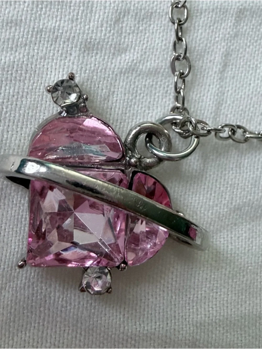 Brand New Y2K Magic Fantasy Silver Diamond Pink Heart Charm Pendant Necklace